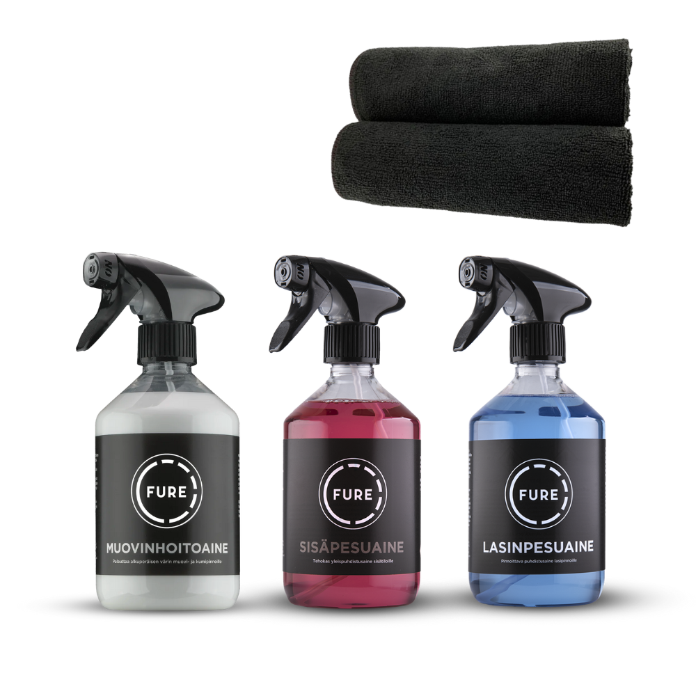 kolme fure autonpesuainetta ja mikrokuituliina