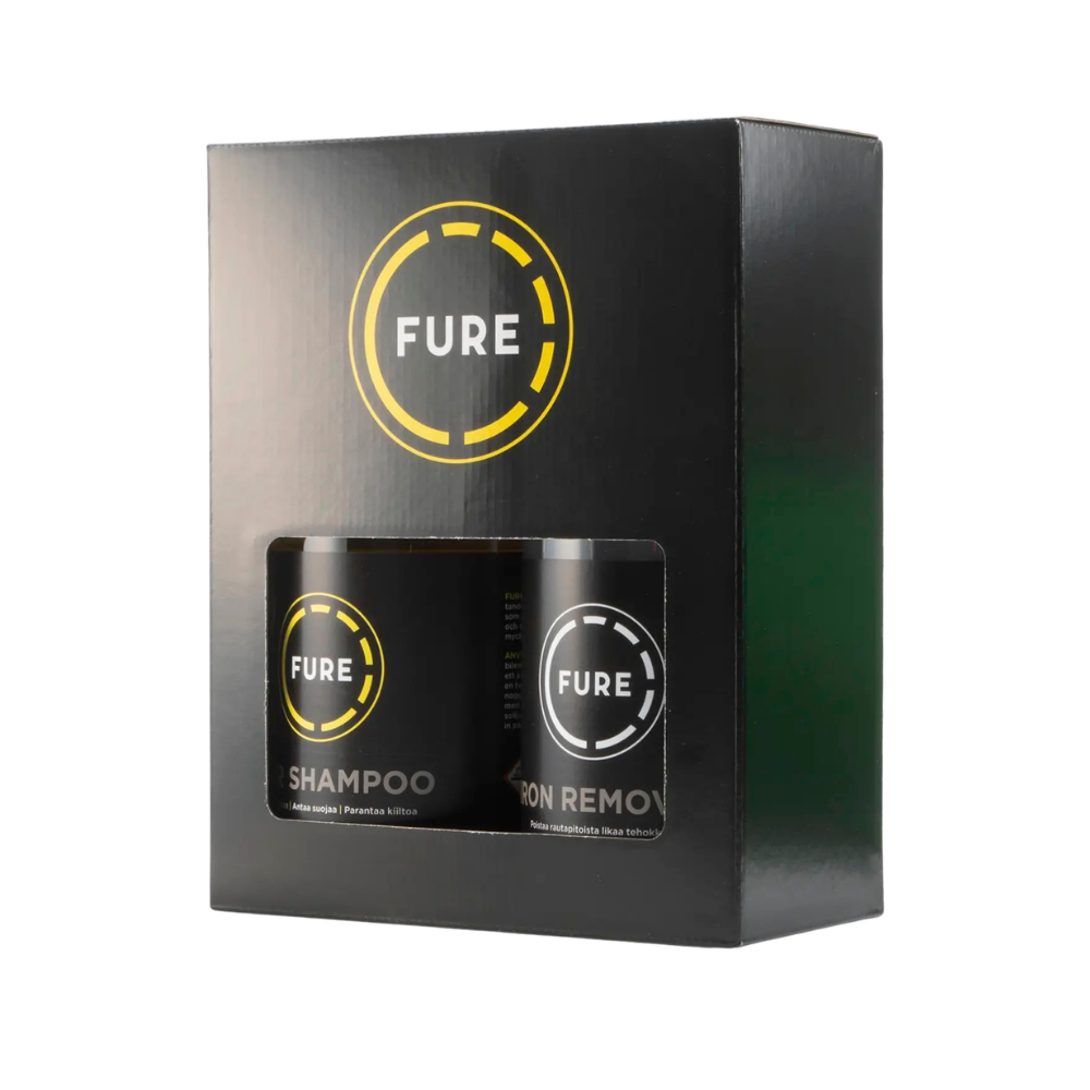 Fure Lahjapakkaus – musta lahjapakkaus, johon voi valita kaksi 500 ml Fure-autonhoitotuotetta.