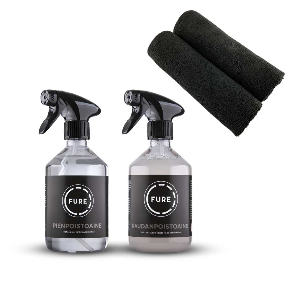 kaksi Fure autonpesuainetta ja mikrokuituliina